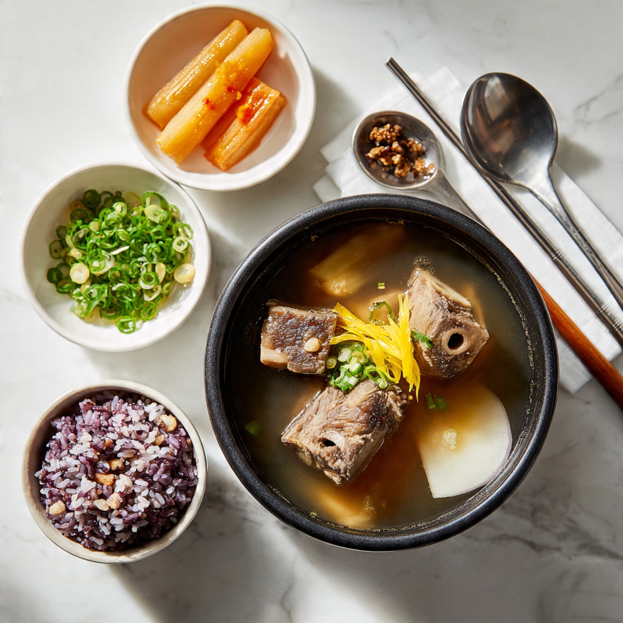A black bowl filled with clear broth shows two pieces of meat with bone in the center, a few yellow strips on top, a white radish piece near the edge, and some green onion pieces floating. To the left, a small white bowl holds bright green chopped scallions. Above, another small white bowl contains two long pale orange pieces and some small brownish items beneath them. Below the black bowl, a small white bowl is full of mixed purple and white rice. All items sit on a white marbled surface, with a spoon and chopsticks placed to the right. Photo taken with an iphone --ar 4:5 --v 7