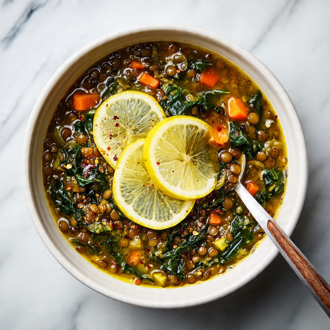 The image shows a white bowl filled with a thick green lentil soup. The soup has visible layers of cooked lentils, small orange carrot pieces, and dark green leafy vegetables. On top, there are three lemon slices arranged evenly, adding a bright yellow contrast. A spoon is inside the bowl, resting on the side, with its handle leaning out. The bowl sits on a white marbled surface. The photo taken with an iphone --ar 4:5 --v 7