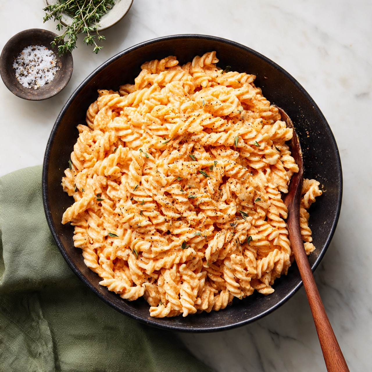 A black bowl filled with cooked pasta that is creamy and light orange in color, mixed evenly throughout. The pasta has a rough texture with small pieces on top, suggesting it’s well coated with sauce. A wooden spoon rests inside the bowl, partially covered by the pasta. On the white marbled surface, around the bowl, there are small dishes with salt and pepper, along with a green cloth and some fresh herbs in the corner. Photo taken with an iphone --ar 4:5 --v 7