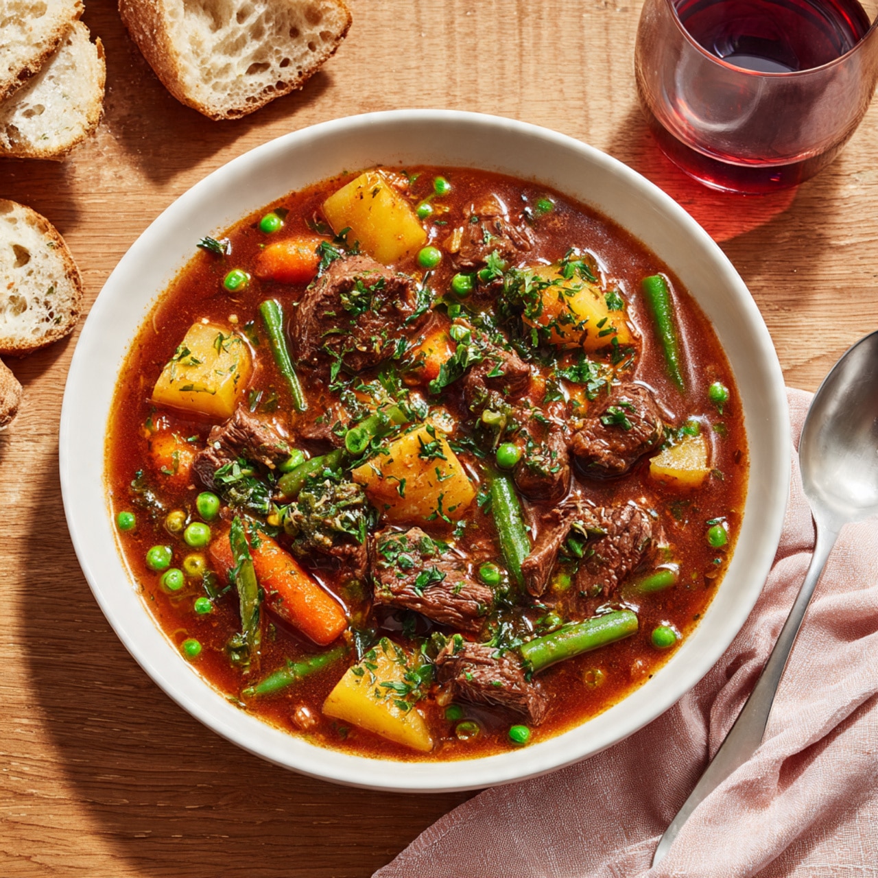 A white bowl filled with a colorful stew sitting on a white marbled surface. The stew has three main layers: a base layer of rich brown broth, a middle layer of chunks of tender brown meat and diced yellow potatoes, and a top layer of bright green peas, green beans, orange carrots, red tomato pieces, and bits of green herbs scattered over the top. The stew looks fresh and hearty with a mix of soft and firm textures. A glass of dark red liquid and a silver spoon on a pink cloth napkin sit nearby. Photo taken with an iphone --ar 4:5 --v 7