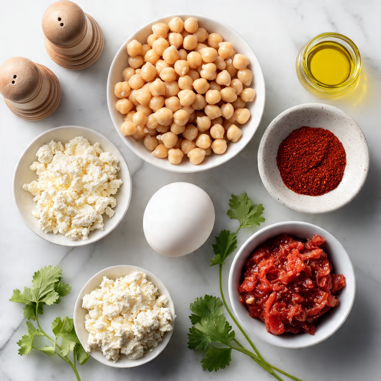 The image shows six small white bowls and containers arranged on a white marbled surface. In the center is a white bowl full of light beige chickpeas, each with a smooth texture and round shape. To the upper right of the chickpeas is a white bowl with bright red powdered spice, finely ground with some small clumps. Below the spice, there is a small white bowl holding a single white egg with a smooth shell. At the bottom right is a white bowl filled with crushed red tomatoes, showing a chunky, moist texture. To the lower left is another white bowl containing a crumbly, pale cream cheese or feta cheese. Near the left edge of the image, some clear yellow oil is visible in a glass container. Two wooden salt and pepper shakers sit near the top left corner. A small sprig of fresh green cilantro is placed on the right side of the setup. The photo taken with an iphone --ar 4:5 --v 7