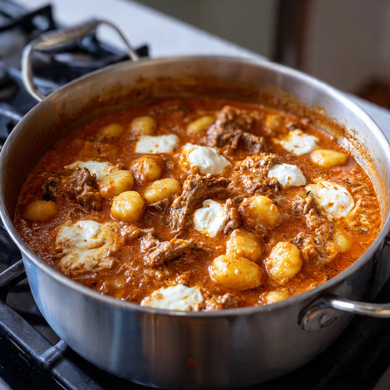 The image shows a large silver pot filled with a thick orange-red sauce with small gnocchi pieces throughout. There are chunks of light brown cooked meat mixed in the sauce. White dollops of melted cheese are spread unevenly on the surface, creating a creamy contrast to the rich sauce. The pot is set on a stove, and the food looks hot and ready to serve. photo taken with an iphone --ar 4:5 --v 7