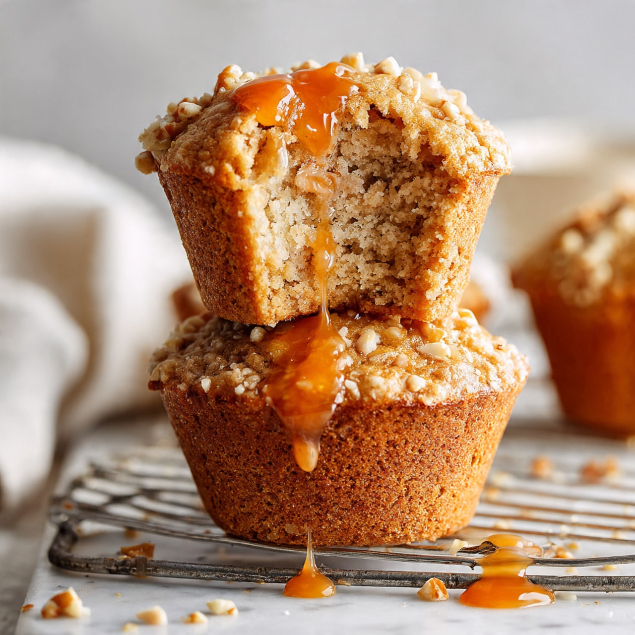 A close-up of two soft, light brown muffins with a crumbly texture sits on a white marbled surface with a metal cooling rack under one muffin. The muffin on top has a bite taken out, showing its fluffy inside with small pieces of nuts or fruit, and a shiny orange syrup or glaze drizzled over the top and dripping down the sides. Small nut pieces are scattered around the surface. The background is softly blurred with white tones and the image has bright, natural light. Photo taken with an iphone --ar 4:5 --v 7