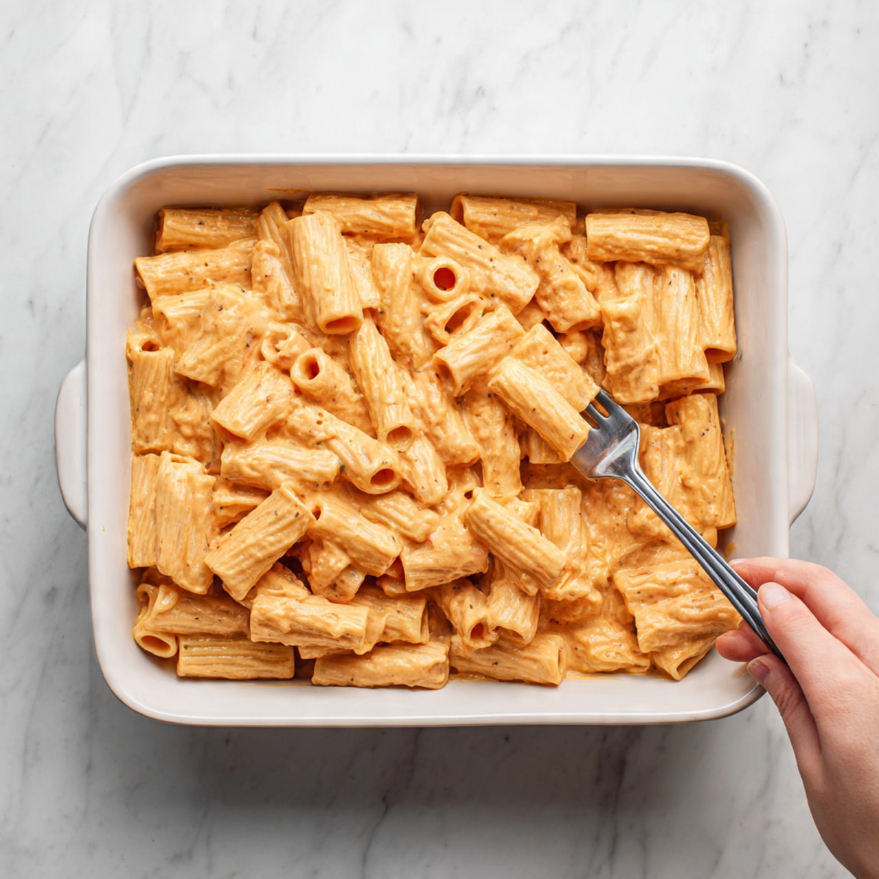 The image shows a white rectangular dish filled with rigatoni pasta coated in a creamy cheese sauce. The pasta tubes are thick and covered evenly with the smooth, pale orange sauce that gives a rich and cheesy look. A fork rests inside the dish with a woman's hand holding it, ready to scoop some pasta. The background is a white marbled surface. photo taken with an iphone --ar 4:5 --v 7