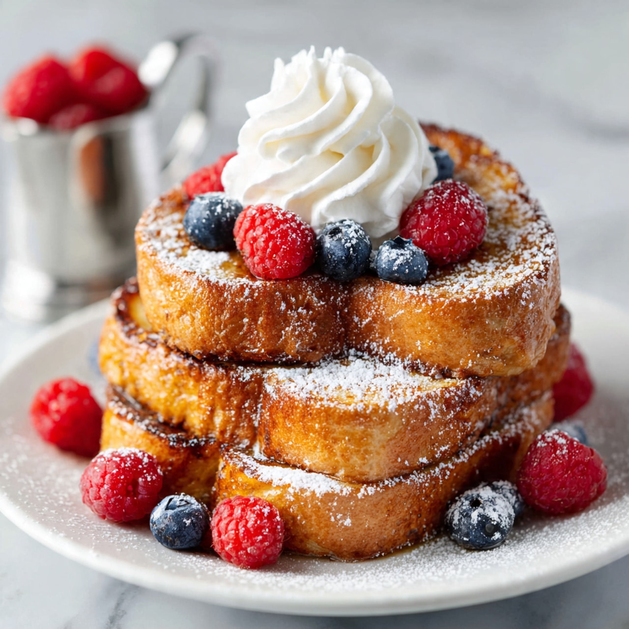 A white plate holds four golden brown, round pieces of French toast stacked in a pyramid shape. The toast looks soft with a slightly crispy outside, dusted lightly with white powdered sugar. Around and on top of the toast are bright red raspberries and deep blue blueberries, adding fresh color. On the top center of the stack is a swirl of fluffy white whipped cream. In the soft-focused background, there is a small silver pitcher and more raspberries. The plate sits on a white marbled surface. Photo taken with an iphone --ar 4:5 --v 7