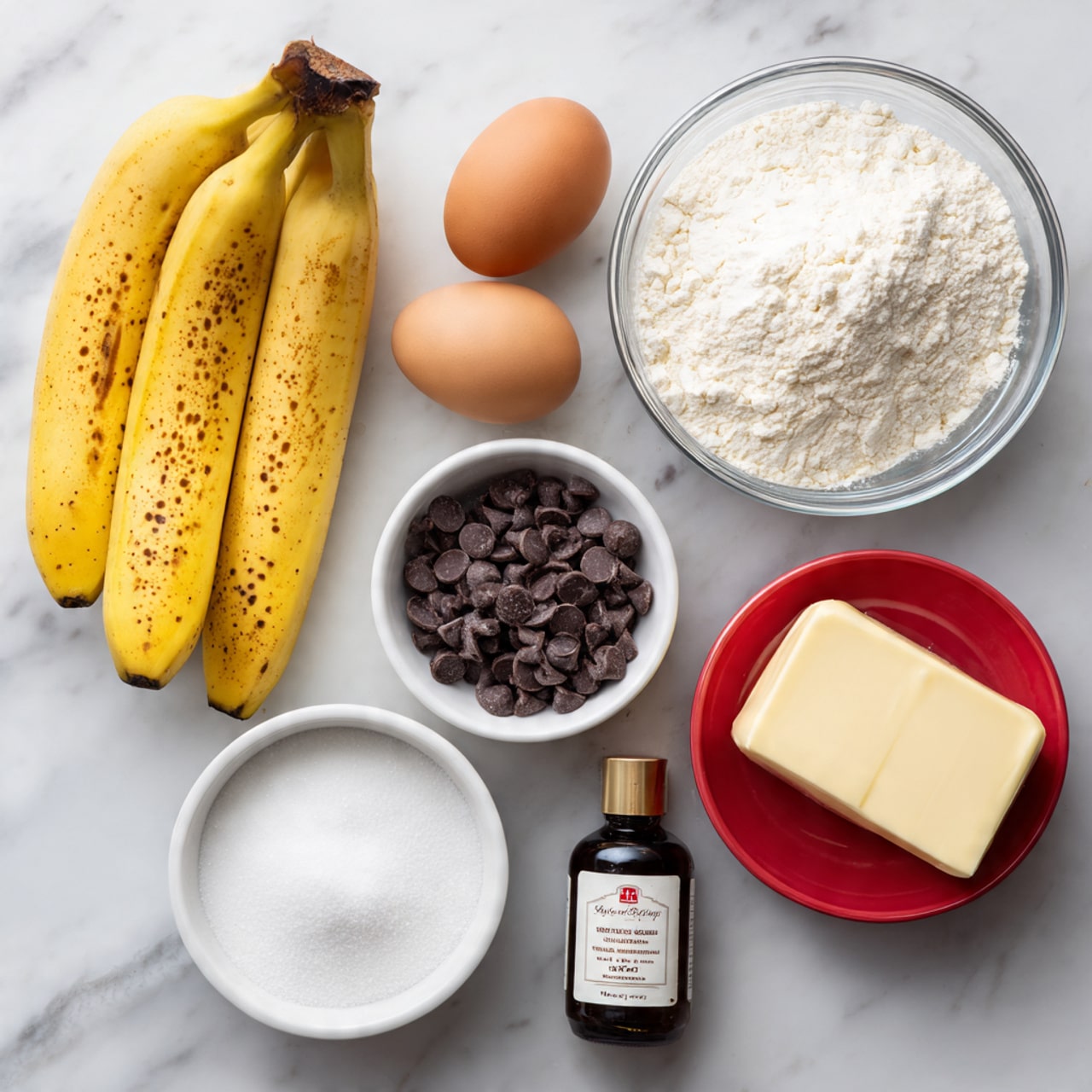 The image shows several baking ingredients neatly arranged on a white marbled surface. There are three ripe bananas with brown spots on their yellow skin placed on the upper left. Two brown eggs sit next to the bananas. A clear glass bowl filled with white flour is in the lower left. A small white bowl filled with dark chocolate chips is at the upper right. Two small white bowls below it hold white salt and white baking soda. A red bowl filled with white sugar is near the center right, next to a small bottle of vanilla extract with a dark cap and label. At the bottom right, there is a stick of butter wrapped in a pale yellow wrapper. photo taken with an iphone --ar 4:5 --v 7
