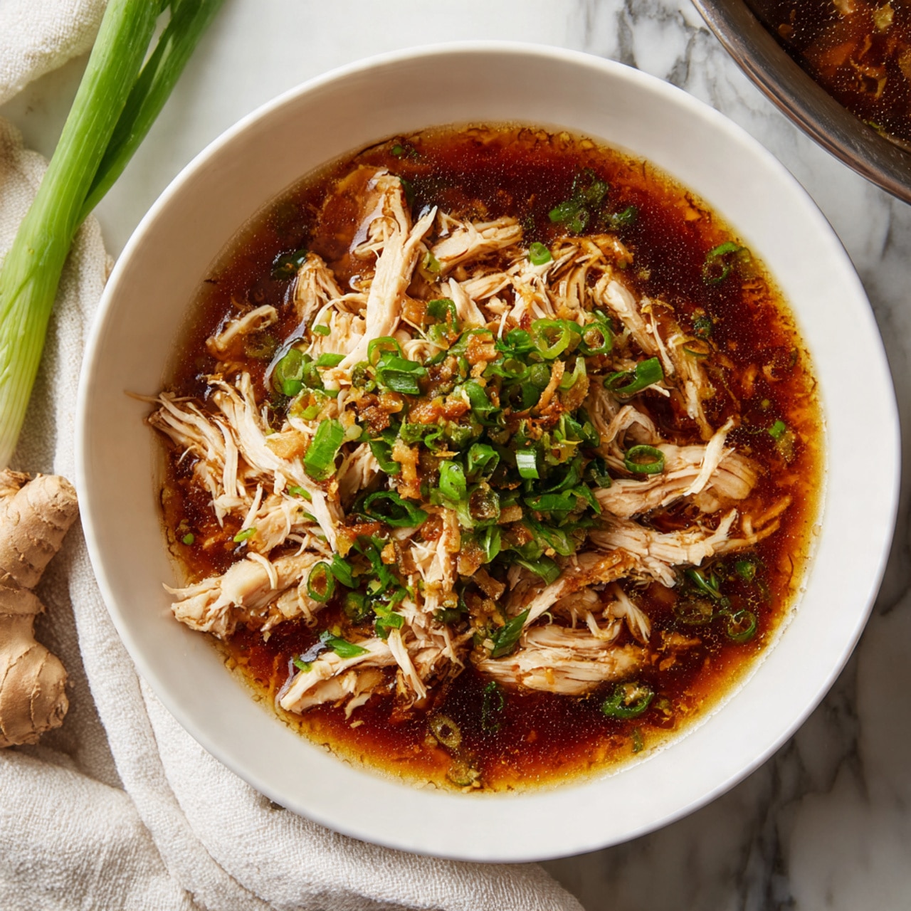 A white bowl filled with a layer of shredded pale cooked chicken sitting in a dark brown soy-based sauce. On top, there is a thick layer of chopped fresh green onions mixed with small bits of golden toasted garlic or ginger. The sauce spreads around the chicken softly, making the whole dish shiny and rich in color. The bowl is placed on a surface with a white marbled texture, with a green onion and a piece of ginger beside it. In the background, a stainless steel pan and a white cloth are slightly visible. Photo taken with an iphone --ar 4:5 --v 7