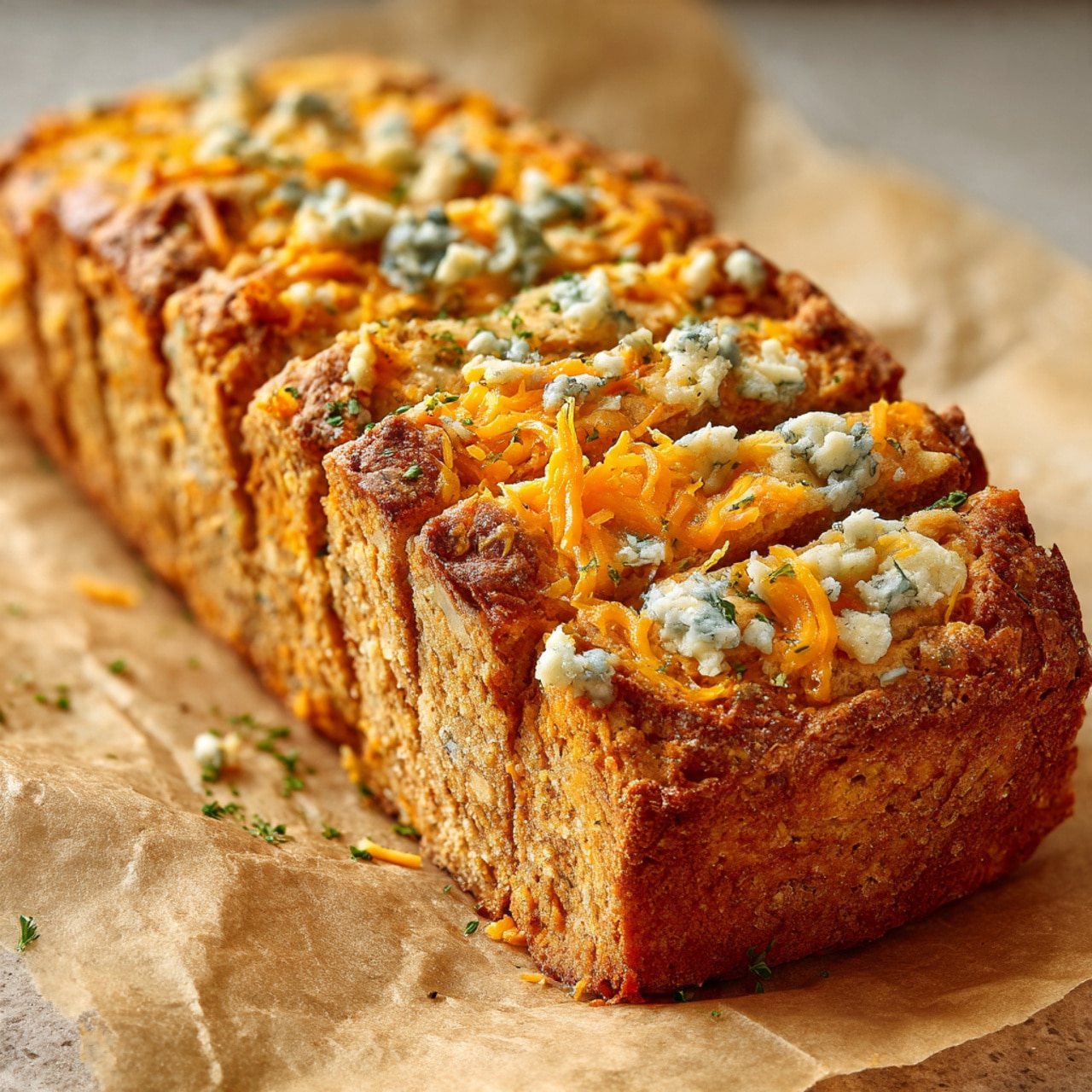 The image shows a loaf of brown bread with a crusty texture that is sliced in a grid pattern but still whole. Inside the cuts, there are layers of shredded orange cheddar cheese and crumbly blue cheese, sprinkled unevenly on and in between the slices. The bread is on light brown parchment paper with tiny green herb bits scattered on it. The shadows and highlights make the bread look slightly crispy while the cheese looks fresh and soft. The overall colors are warm with natural tones of golden brown, yellow-orange, and blueish-white. photo taken with an iphone --ar 4:5 --v 7