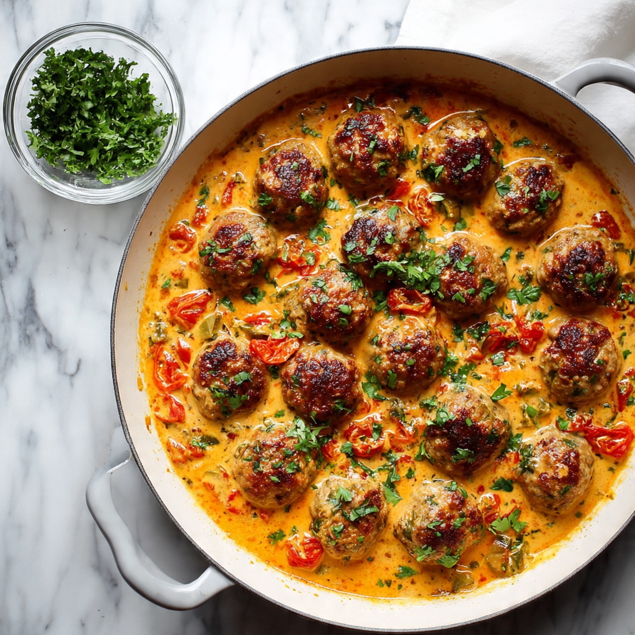 The image shows a white deep pan filled with many round meatballs covered in a creamy, orange sauce with visible tomato pieces and green herbs sprinkled on top. The sauce looks thick and smooth, coating each meatball evenly. Next to the pan, there is a small clear glass bowl with chopped green herbs. Everything sits on a white marbled surface. Photo taken with an iphone --ar 4:5 --v 7