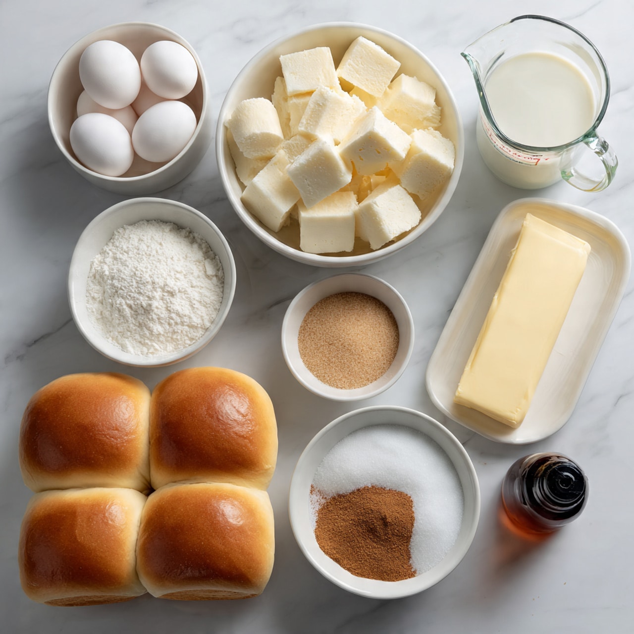 The image shows baking ingredients arranged neatly on a white marbled surface. At the center bottom, there are four soft golden brown bread rolls placed side by side. Above the rolls, a white bowl is filled with cut white bread cubes. To the top left, a white bowl holds six whole white eggs. Next to the eggs on the right, there is a clear glass measuring cup filled with white milk. Below the milk, a white bowl contains light brown sugar. To the right of the sugar bowl, a wrapped stick of pale yellow butter is placed horizontally. Below the butter, a small white bowl holds a mix of cinnamon and salt, and to its right is a small dark brown bottle of vanilla extract lying horizontally. The photo is taken with an iphone --ar 4:5 --v 7