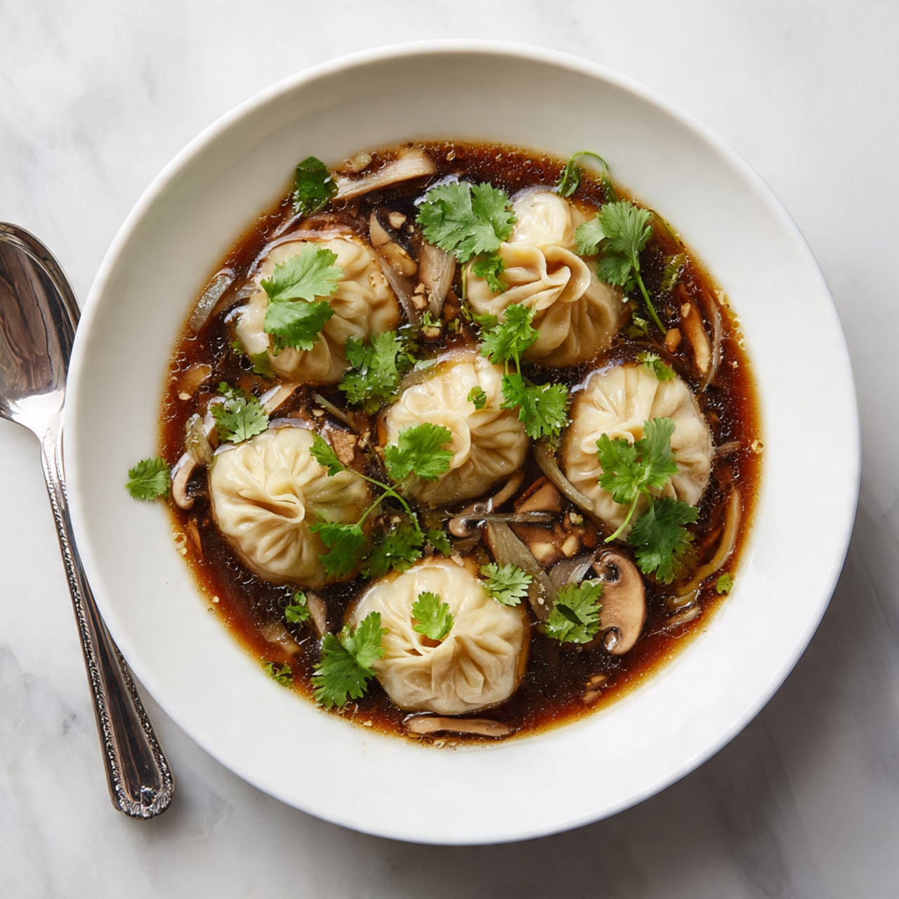 A white bowl filled with six light beige dumplings arranged in a circle on top of a dark brown broth mixed with small, chopped mushrooms and thin, translucent vegetable pieces. The broth appears shiny and slightly thick. Fresh green cilantro leaves are scattered on top of the dumplings and in the broth, adding a bright contrast to the dish. The bowl sits on a white marbled surface with a silver spoon beside it on the left. photo taken with an iphone --ar 4:5 --v 7