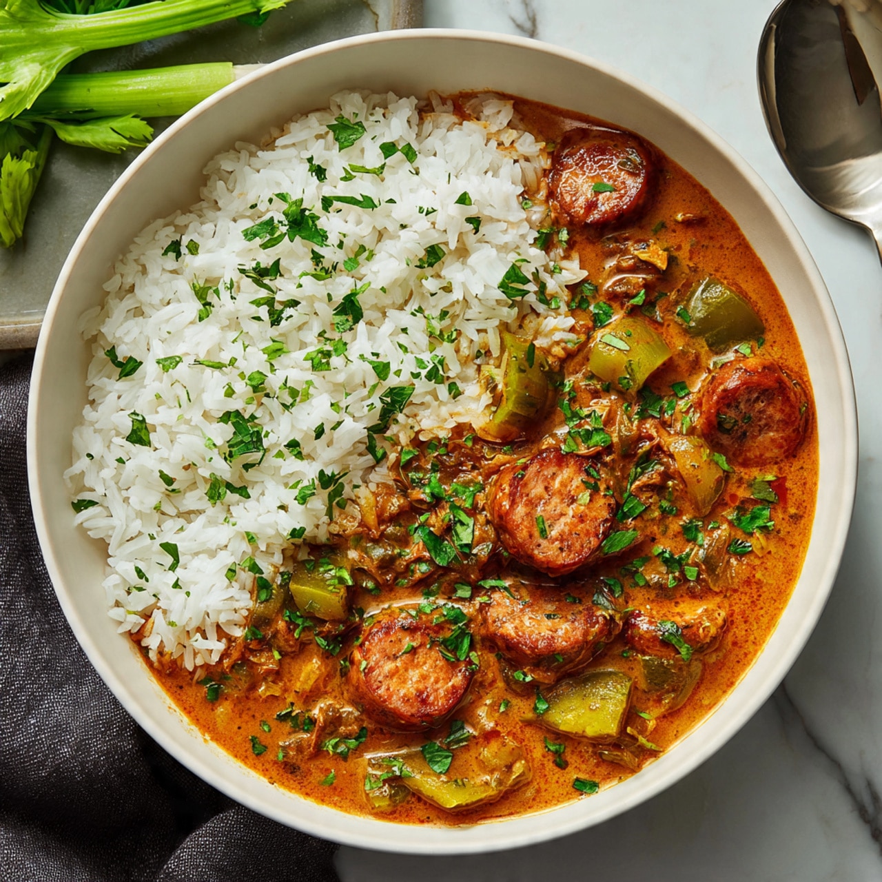 In a white bowl, there is a layer of plain white rice on one side, fluffy and soft with some green herbs sprinkled on top. Next to the rice, there is a thick brownish-orange stew with bright green pieces of celery and slices of browned sausage. Small bits of shredded meat are visible mixed in the stew, which looks rich and savory. The dish is garnished with chopped fresh green herbs, adding a pop of color. The bowl sits on a white marbled surface, and the background includes blurred green vegetables and a dark cloth with a silver spoon nearby. Photo taken with an iphone --ar 4:5 --v 7