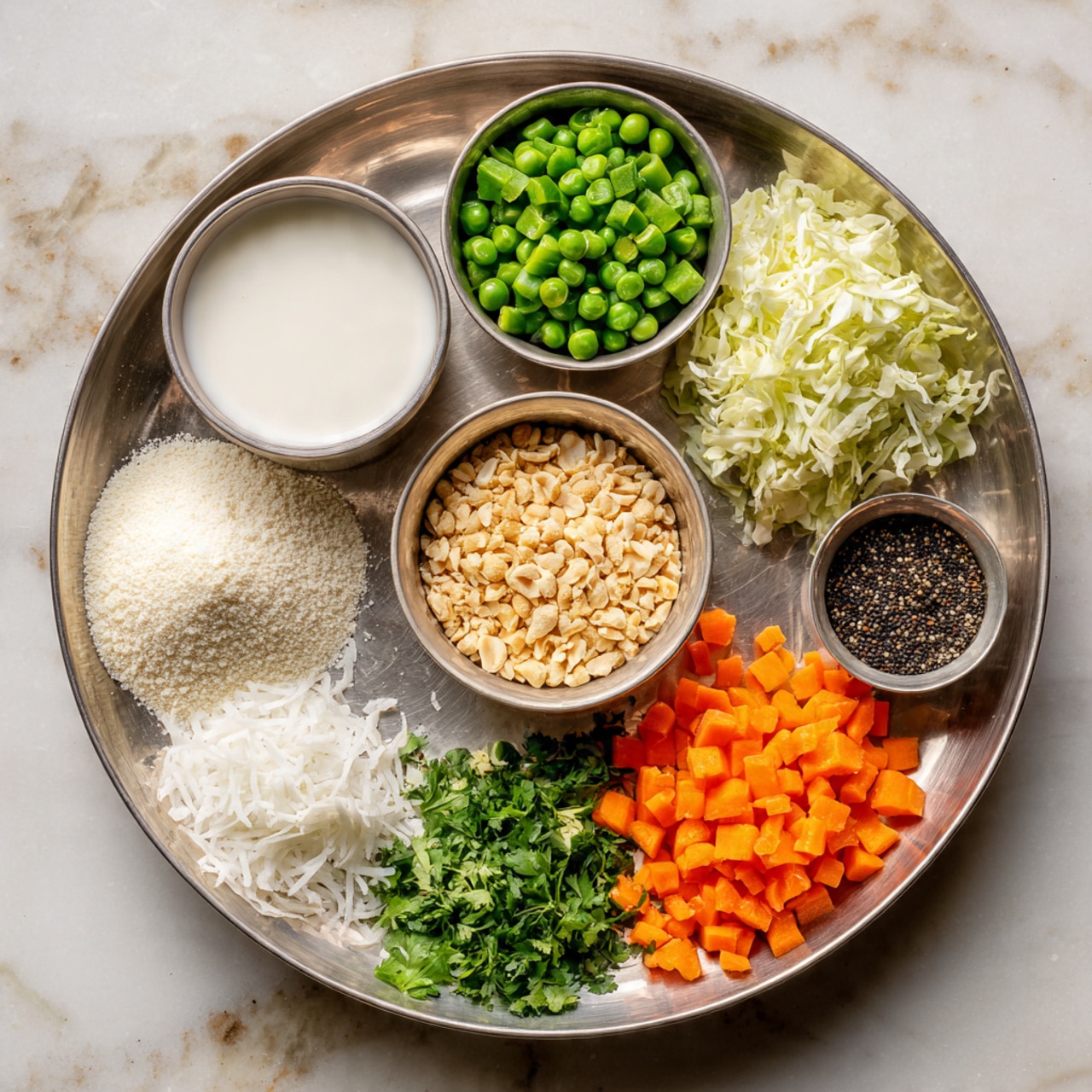 The image shows a large round silver tray on a white marbled surface, filled with separate piles of different ingredients. Starting from the top left, there is a small round bowl with white liquid. Next to it on the tray are chopped green beans, chopped white cabbage, chopped green chili peppers, and diced orange carrots arranged in neat sections. In the center, there is a small bowl filled with light beige crushed nuts and another small bowl with black mustard seeds beside it. Below the bowls, there is a heap of fresh green peas, a small pile of white shredded coconut, and finely chopped green herbs. To the left on the tray, there is a mound of white semolina flour placed near the silver bowl with the white liquid. The whole setup is clean, colorful, and organized, showing a variety of raw ingredients ready for cooking. Photo taken with an iphone --ar 4:5 --v 7