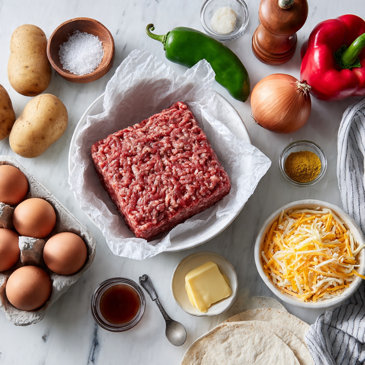 The image shows a white bowl lined with crinkled white parchment paper holding a square block of seasoned, raw ground meat with a reddish-brown color and a textured surface. Around the bowl are various ingredients placed on a white marbled surface: three large light brown potatoes; one red bell pepper with a glossy skin; one small green jalapeño; one whole brown onion; a small round wooden bowl filled with coarse white salt; a wooden pepper grinder; a small clear container and a small spoon with two different light yellow powders side by side; a small glass container with a dark reddish-brown liquid; a small white bowl with a square pat of yellow butter; a white bowl filled with a mix of shredded yellow and white cheese; and eight brown eggs nestled on a white and gray striped cloth near the edge of the frame. A folded white tortilla is visible at the bottom edge. photo taken with an iphone --ar 4:5 --v 7
