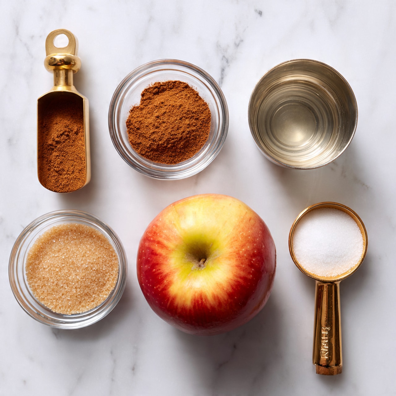 The image shows six ingredients arranged neatly on a white marbled surface. Starting from the top left corner, there is a small wooden and gold measuring scoop filled with a brown spice next to a small clear glass bowl containing a reddish-brown powder. To the right of this bowl is a small metal cup with a clear liquid inside. Below the spice scoop is a bright red and yellow apple with a smooth skin. Below the apple are two small clear glass bowls placed side by side; the left one holds light brown sugar with a grainy texture and the right one contains fine white granulated sugar. To the far right of the sugar bowls lies a wooden and gold measuring scoop with an empty round tip. The objects are well spaced on the white marbled background, creating an orderly and clean visual effect, photo taken with an iphone --ar 4:5 --v 7