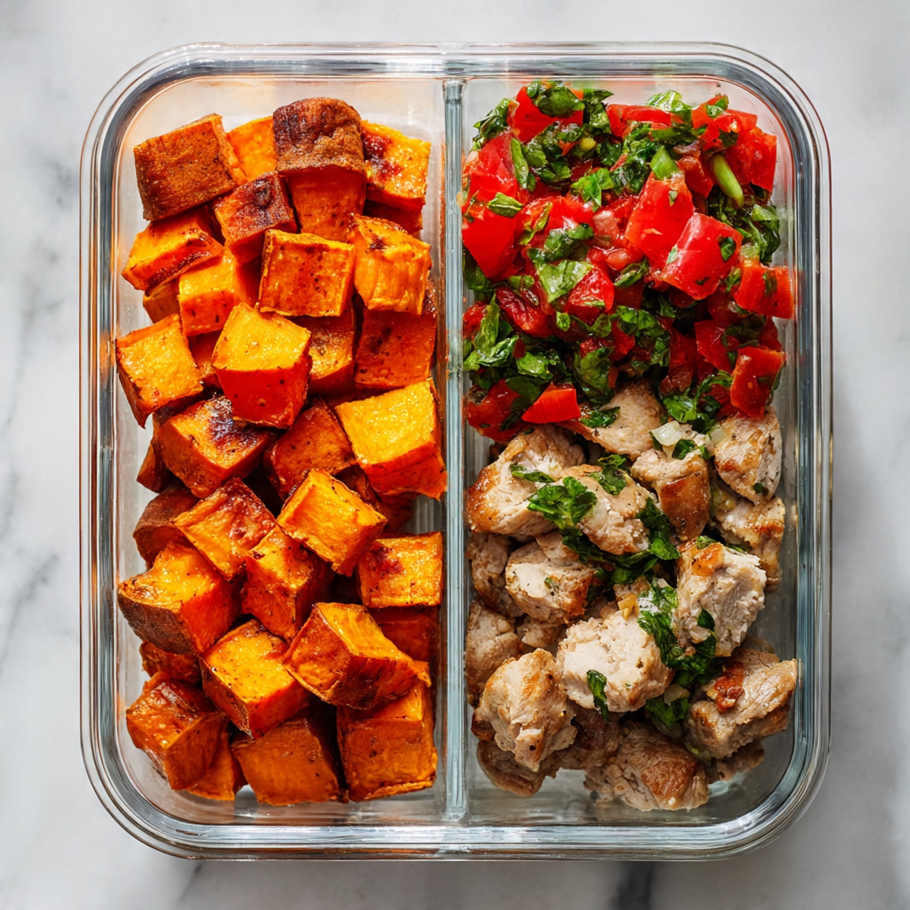 A clear glass meal prep container with three distinct layers inside is shown on a white marbled surface. The left layer consists of orange roasted sweet potato cubes with a slightly crispy texture and some browning. The middle layer has chopped red tomatoes mixed with green herbs, giving a fresh and juicy look. The right layer contains light brown cooked meat pieces with a tender, slightly crumbly texture. Photo taken with an iphone --ar 4:5 --v 7