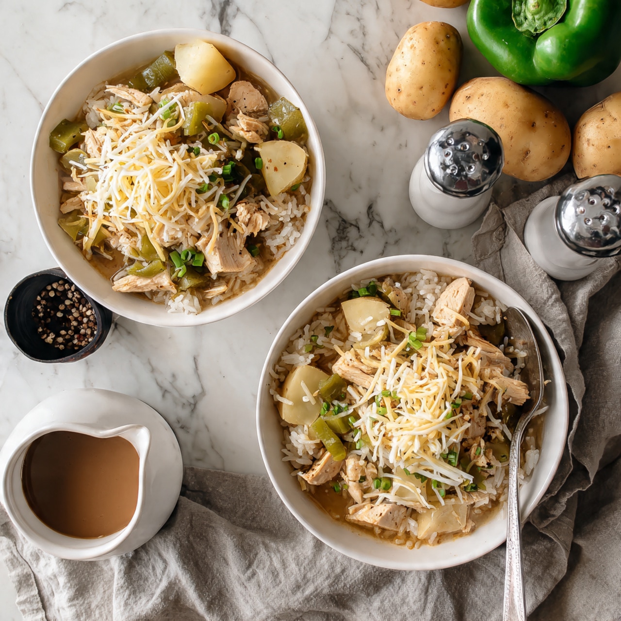 The image shows two white bowls filled with a layered dish placed on a white marbled surface. Each bowl has a base layer of cooked rice, topped with chunks of cooked chicken, slices of green bell pepper, and diced potatoes. There is a light sprinkling of shredded cheese on top of the chicken and vegetables. A pepper shaker and a small white gravy bowl with dark sauce sit beside the bowls. One woman’s hand holding a spoon is on the right side near a bowl. In the background, there are uncooked potatoes and a whole green bell pepper on a light gray cloth. The photo taken with an iphone --ar 4:5 --v 7