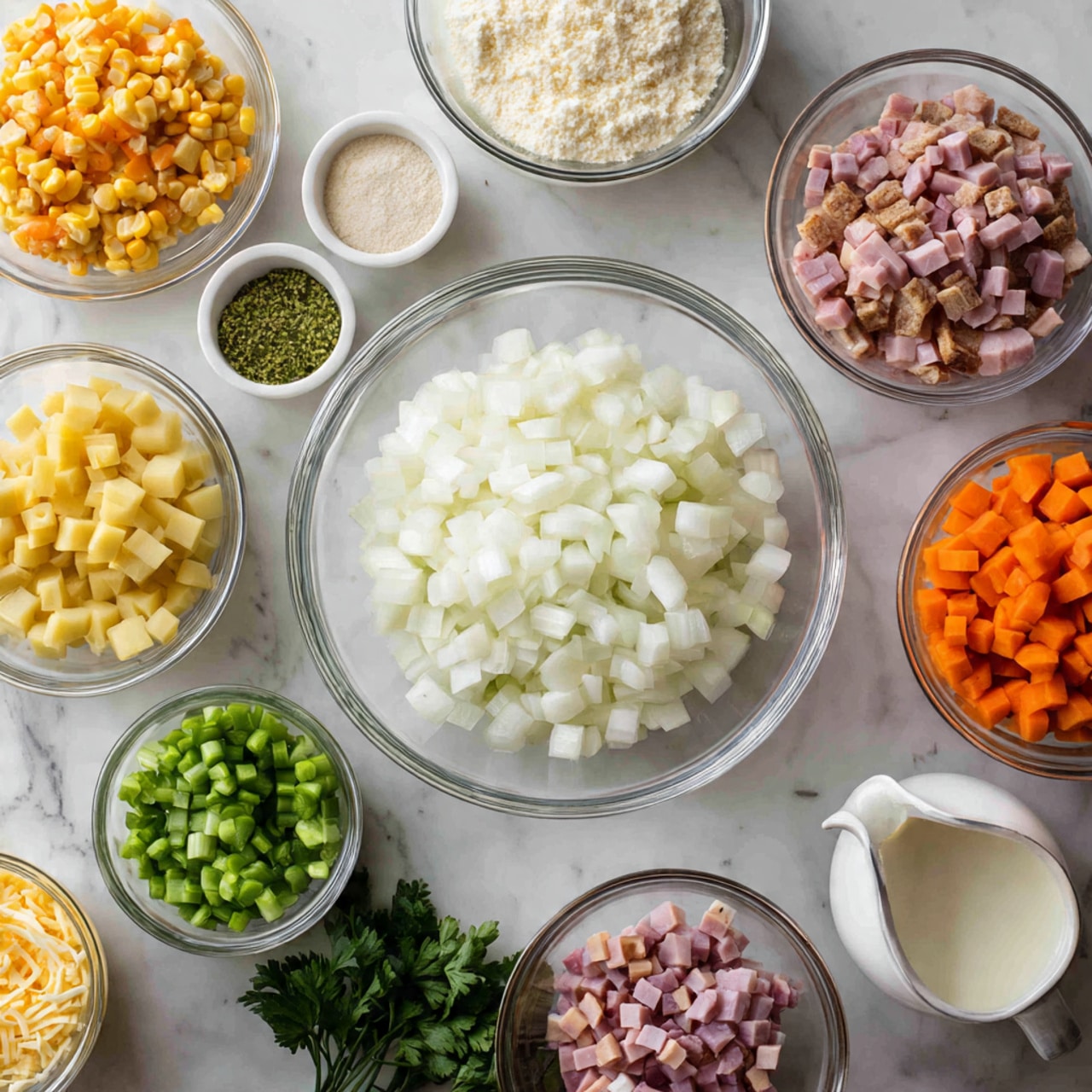 The image shows a white marble surface with various clear glass bowls holding different chopped ingredients arranged neatly. At the center, there is a large clear bowl filled with diced white onions. Surrounding it are smaller bowls containing diced orange carrots, yellow cubed potatoes, green celery slices, chopped ham pieces, white beans, shredded orange cheese, corn kernels, butter, flour, fresh parsley, and a jug filled with creamy liquid. The layout is orderly with the colors of the ingredients clearly contrasting against the white containers and marbled background. Photo taken with an iphone --ar 4:5 --v 7