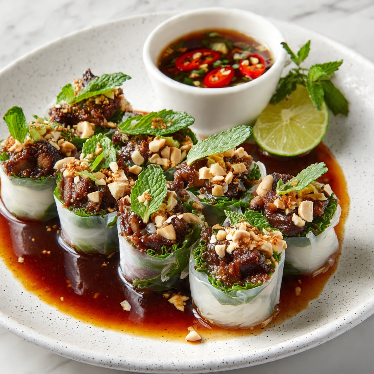 A white plate holds five translucent spring rolls filled with dark brown meat, green herbs, and fresh leaves tightly wrapped inside. Each roll is topped with small pieces of white chopped nuts, bright red chili bits, and green herbs. The rolls sit in a dark brown sauce that spreads beneath them on the plate. On the top right side of the plate is a small white bowl filled with a dark sauce speckled with red and green bits. A wedge of light green lime and some fresh green herbs are placed at the edge of the plate. The surface beneath the plate is a white marbled texture. Photo taken with an iphone --ar 4:5 --v 7