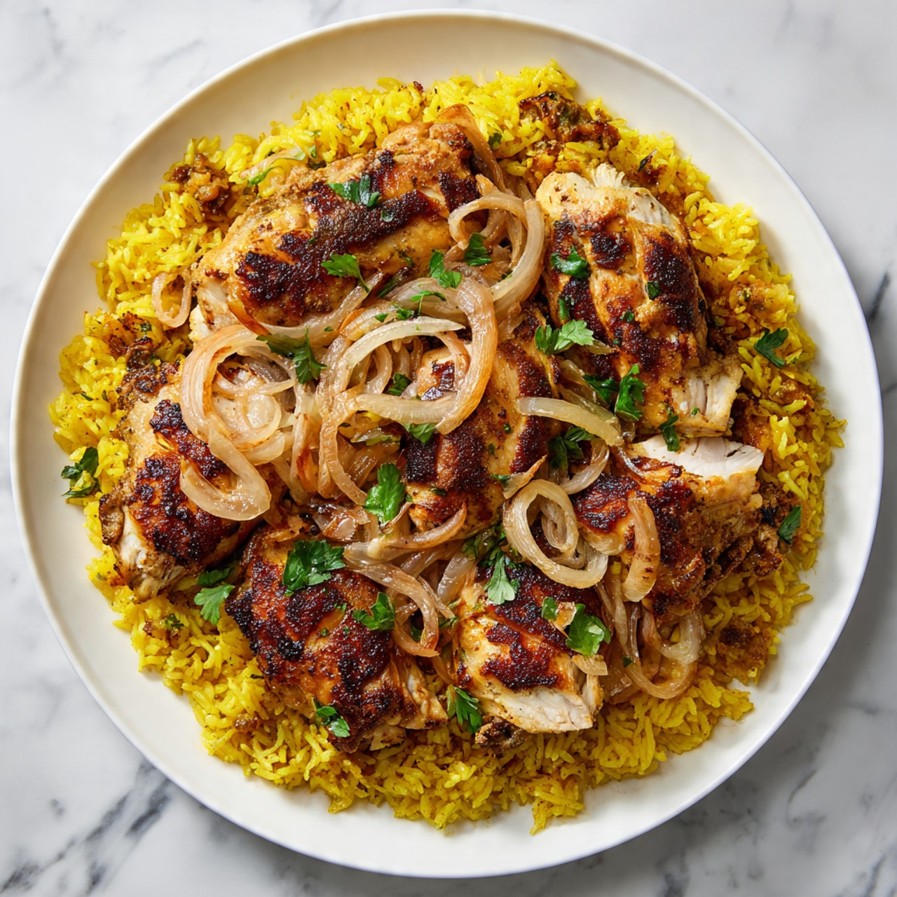 The image shows a round white plate filled with yellow rice seasoned with spices. On top of the rice, there are several large cooked chicken pieces, golden brown and slightly crispy on the edges. Thin slices of fried onions are scattered over the chicken and rice, adding texture. A few small green herb leaves are spread on the dish for color contrast. The plate is placed on a white marbled surface. The photo taken with an iphone --ar 4:5 --v 7