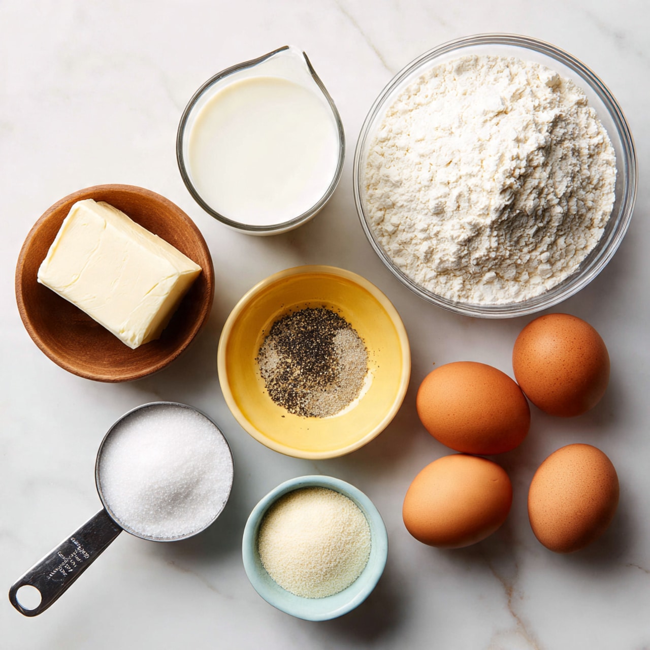The image shows a clear glass bowl filled with white flour at the top right, surrounded by four brown eggs placed closely on a white marbled surface. Below the flour bowl, there is a small yellow bowl with black pepper and a light blue bowl with a pale powdery ingredient, possibly yeast. To the left of these, a small wooden bowl contains salt or sugar, and next to it is a small white wrapped cube of butter. Near the middle left, a metal measuring cup is filled with granulated white sugar, and above it is a clear glass measuring cup holding white milk. All the items are neatly arranged, showing a mix of smooth, powdery, and granular textures. photo taken with an iphone --ar 4:5 --v 7