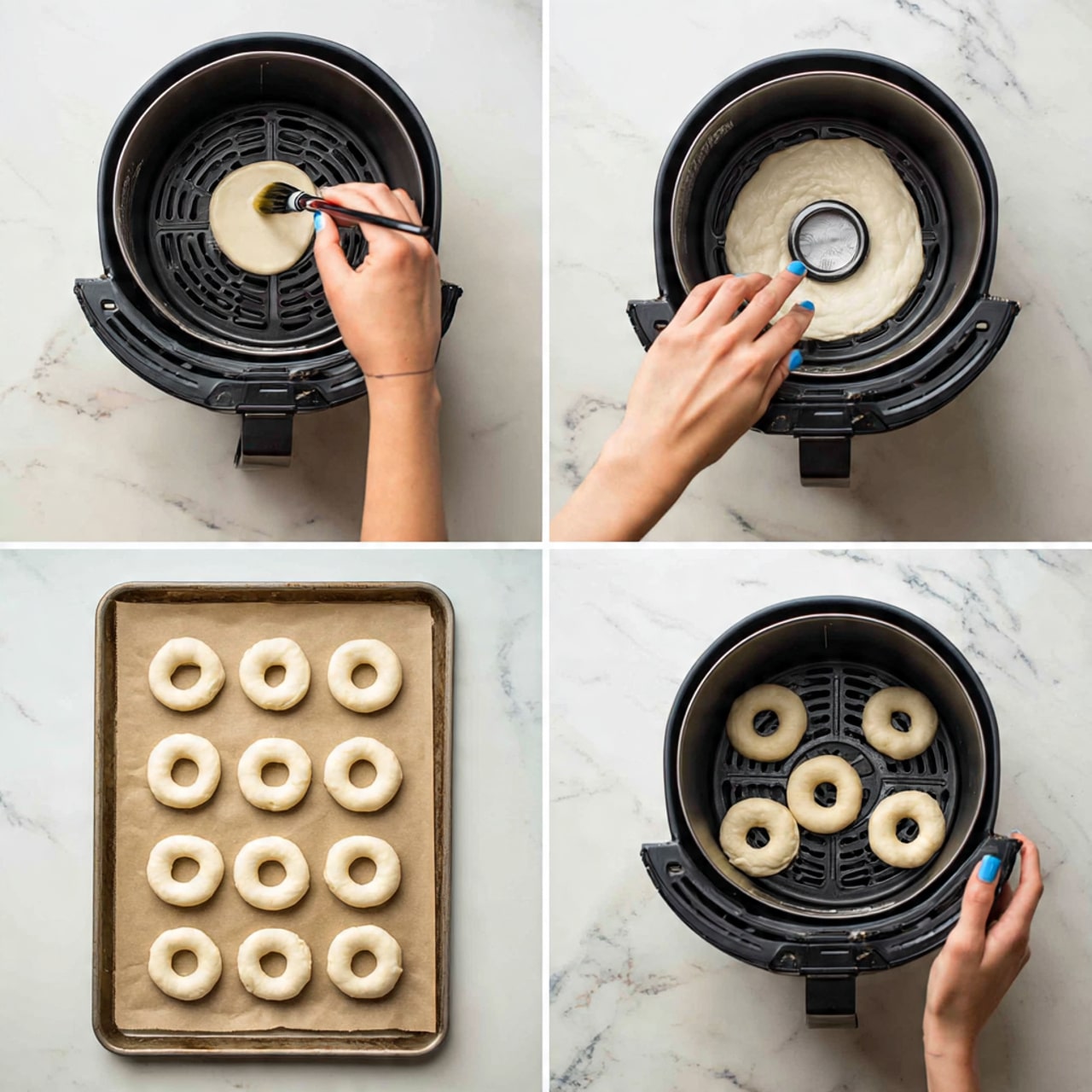 The image shows a four-step process of making doughnut-shaped dough pieces. The first section displays a woman's hand with blue nail polish brushing oil inside a black air fryer basket with a textured base, on a white marbled surface. The second part shows the woman's hand pressing a circular cutter into thick, soft white dough pieces placed on a baking tray lined with brown parchment paper. The third part features multiple dough rings and small round dough pieces arranged neatly on the parchment paper. The last part shows five dough rings placed evenly inside the black air fryer basket, ready to be cooked, all set on the white marbled surface. photo taken with an iphone --ar 4:5 --v 7