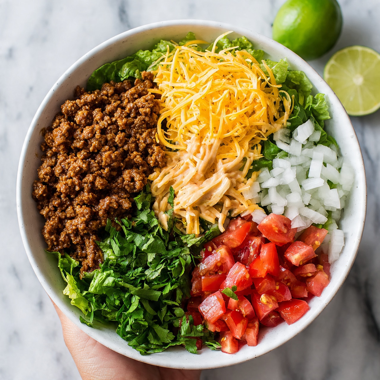 The image shows a white bowl filled with different foods arranged in sections, placed on a white marbled surface. In the bowl, there is a layer of cooked ground meat on one side with beige sauce on top, bright yellow shredded cheese next to it, and fresh green lettuce underneath. On another side, there are red tomato slices with white chopped onions. Behind the bowl, on the surface, there is a woman's hand holding a green lime half. The scene has a cozy kitchen feeling with the mix of colors and textures. Photo taken with an iphone --ar 4:5 --v 7