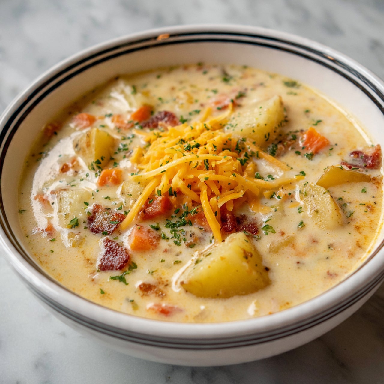 A thick creamy soup fills a white bowl with a black and silver rim. The soup is light beige with chunks of yellow potatoes and small bits of orange carrots evenly spread throughout. Pieces of brown bacon and some green herbs are mixed in, giving the soup texture and color variety. On top, there is a small pile of shredded orange and white cheese placed right in the center. The bowl is set on a white marbled surface. photo taken with an iphone --ar 4:5 --v 7