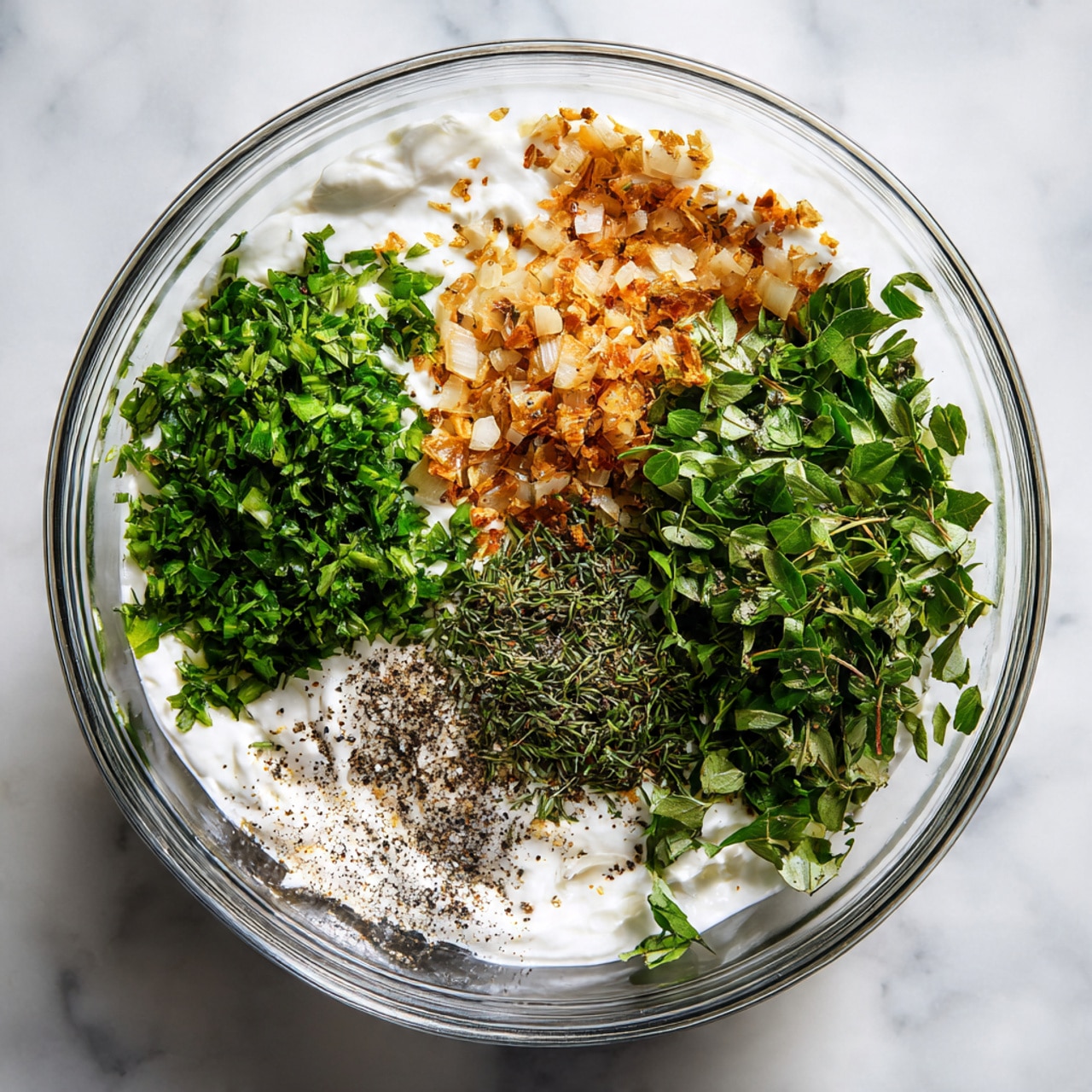 A clear glass bowl sits on a white marbled surface, filled with four distinct layers of ingredients arranged separately: bright green chopped herbs on the left side, finely chopped light brown onions on the top right, black pepper sprinkled in the center, and a base layer of creamy white yogurt underneath. Fresh green leafy herbs lie scattered around the bowl, mainly on the top right and bottom edges of the image. Photo taken with an iphone --ar 4:5 --v 7