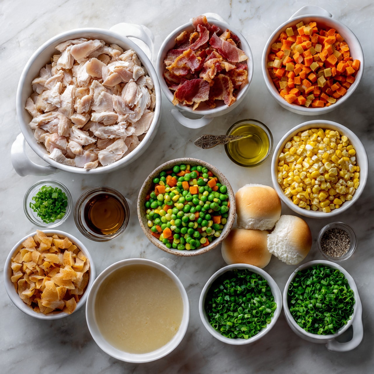The image shows many small bowls arranged neatly on a white marbled surface, each filled with different ingredients. There are chopped cooked chicken pieces in a large white bowl at the center, cooked bacon strips in another bowl nearby, and a mix of steamed diced carrots and peas in a small bowl. Next to it is a bowl with yellow corn kernels. Also included are two white round rolls, a small orange onion, chopped green onions, chopped chives, and some seasonings like salt and pepper in tiny clear bowls. There is also a small cup of golden oil, a small glass of broth or stock, and a bowl of light beige sauce at the front. All bowls are white and the ingredients have clear, fresh colors. Photo taken with an iphone --ar 4:5 --v 7