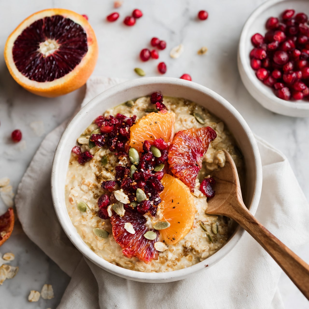 A white bowl sits on a white cloth over a white marbled surface, filled with a dish showing several layers: a base of creamy oatmeal mixed with pumpkin seeds and oats, topped with red currants and deep red-purple blood orange segments that add bright color. A wooden spoon scoops some oatmeal and fruit from the bowl. Around the bowl, scattered red currants lay on the surface, along with a white bowl filled with more red currants at the top right, and a halved blood orange with its dark red inside visible at the top left. Photo taken with an iphone --ar 4:5 --v 7