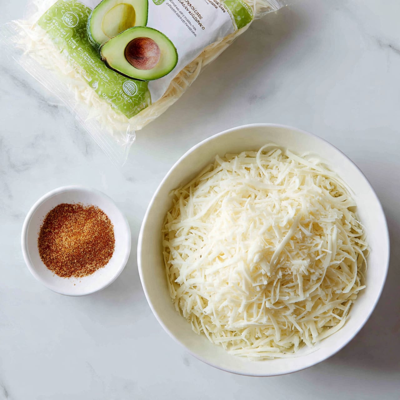 Two white bowls sit on a white marbled surface; the larger bowl is filled with shredded white cheese, showing soft, thin, and slightly uneven strands piled high. Next to it, a smaller white bowl holds a small amount of brownish-orange spice powder with a fine texture. Above the bowls, a green and white plastic wrap package with an avocado picture lays flat, complementing the simple arrangement. Photo taken with an iphone --ar 4:5 --v 7