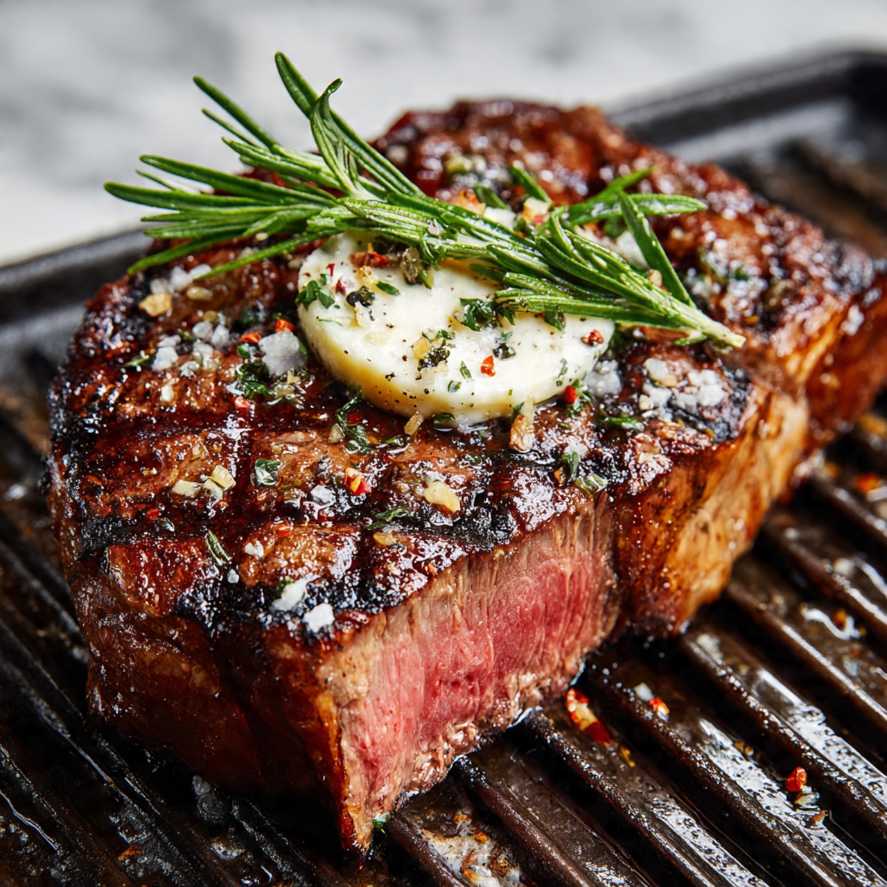 The image shows a cooked steak on a grill pan with three visible layers: the bottom layer is the thick, brown grilled steak, with a rough, juicy texture and hints of pink from the medium-rare inside; the middle layer is a dollop of white butter melting on top of the steak, sprinkled with black pepper and coarse salt; the top layer consists of fresh, green rosemary sprigs laid across the steak, adding a vibrant touch. The grill pan has dark ridges and the close-up reveals the meat's texture and seasoning clearly. The background is a white marbled texture. Photo taken with an iphone --ar 4:5 --v 7