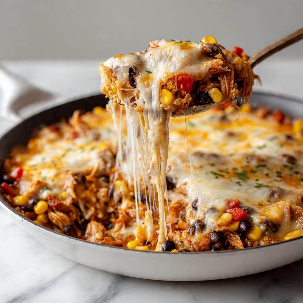 The image shows a close-up of a spoon lifting a scoop of cheesy dish from a white pan on a white marbled surface. The dish has multiple layers: shredded chicken mixed with black beans and corn, visible as yellow, black, and brown pieces; diced red peppers or tomatoes adding bright red spots; and a thick layer of melted white cheese stretching from the pan to the spoon. The cheese looks soft and stringy, covering the other ingredients but still allowing their colors and textures to show through. Photo taken with an iphone --ar 4:5 --v 7