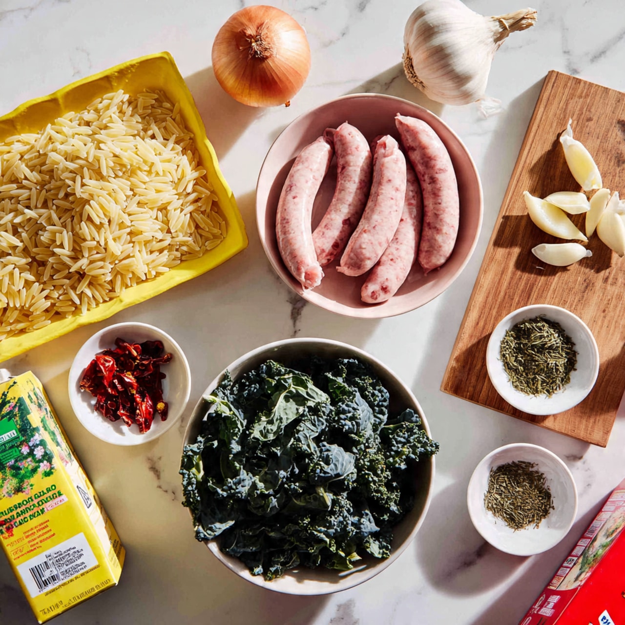 The image shows several cooking ingredients laid out on a white marbled surface. At the center bottom, there is a white bowl filled with dark green leafy kale. Above it and slightly to the left, there is a pale pink bowl holding pale yellow orzo pasta. To the left of the orzo, there is a yellow foam tray holding five pink raw sausages. Above the orzo bowl, there is a wooden cutting board holding three peeled garlic cloves, next to a half onion placed on the marble surface. To the right of the cutting board, there is a small white bowl with dried green herbs, while two small white bowls are placed above the sausages, one containing red chili flakes and the other with dark red dried tomatoes. Near the bottom left corner, a yellow carton of heavy cream is adding a splash of bright color. A red carton with a green cap is on the top right. The overall setup looks fresh and ready for cooking, photo taken with an iphone --ar 4:5 --v 7