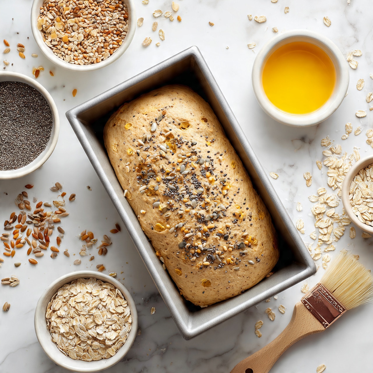 A raw loaf of bread dough filled with visible air bubbles sits inside a silver baking pan, ready to bake. The dough is light brown and rounded at the edges, and it is topped with a mix of spices and seeds including black poppy seeds, white sesame seeds, light beige sunflower seeds, and rolled oats scattered generously across the surface. Around the pan are small white bowls containing more seeds and oats, and a wooden brush with a yellow liquid in a white bowl rests nearby. The background is a white marbled texture with scattered oats and seeds. Photo taken with an iphone --ar 4:5 --v 7