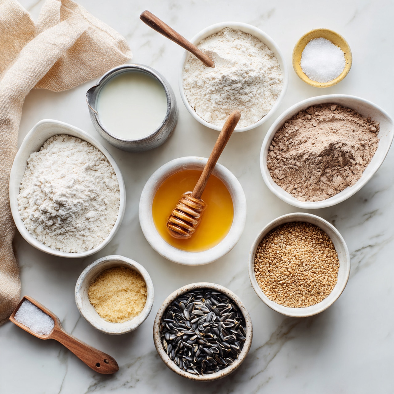 The image shows various baking ingredients arranged neatly on a white marbled surface. There are nine containers: a white oval bowl with white flour at the bottom center, a white oval bowl with light brown flour at the top right, a small white bowl with honey and a honey dipper inside near the right center, a small white bowl with sunflower seeds at the bottom right, a small white bowl with mixed black and white seeds to the right, a small white bowl with brown granular spice at the bottom right corner, a round white bowl with light brown yeast near the top center, a metal small pot with milk at the top left, and a small beige bowl with salt and a wooden scoop near the bottom left. There is a beige cloth near the top left corner. photo taken with an iphone --ar 4:5 --v 7