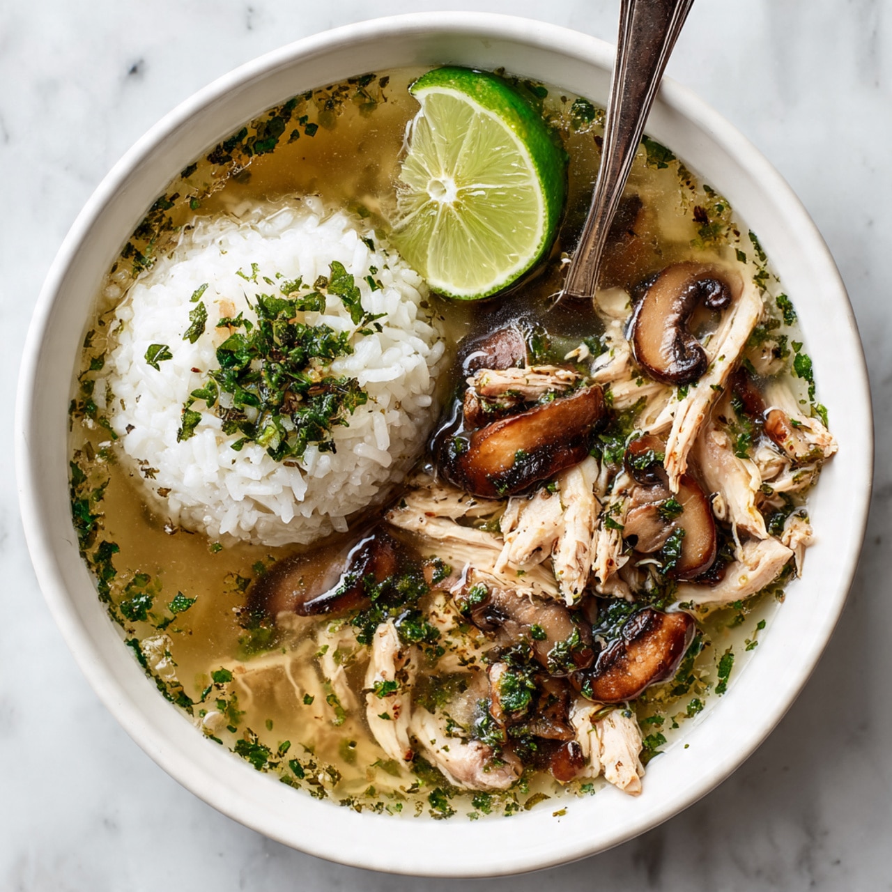 Inside a white bowl, there is a clear soup base filled with small, tender pieces of light beige shredded chicken and several dark brown sautéed mushroom slices. On one side, a mound of white rice sits topped with finely chopped green herbs, while a bright green lime wedge rests at the edge of the rice. The broth is dotted with tiny bubbles and sprinkled with more of the chopped green herbs throughout. A silver spoon is partially submerged in the soup on the right side. The bowl is set on a white marbled surface. photo taken with an iphone --ar 4:5 --v 7