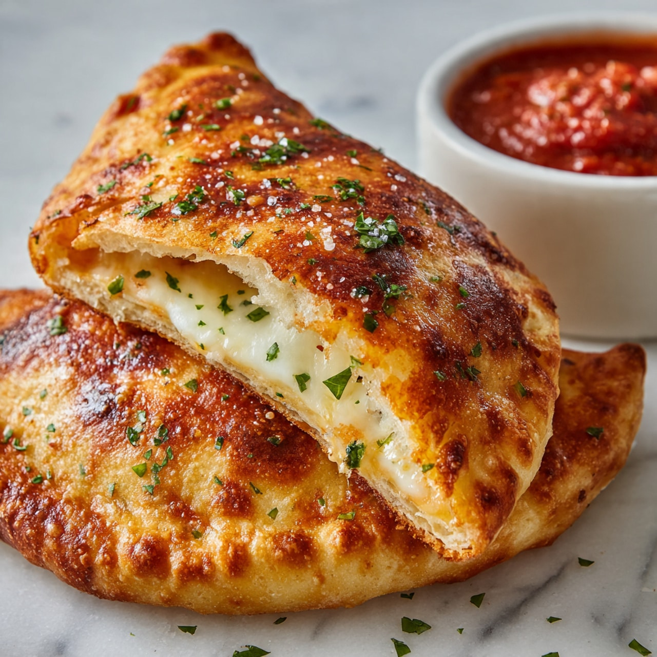 A close-up view of two golden brown calzones stacked on a white marbled surface, showing a crispy crust with light brown spots and sprinkled with bits of green herbs. One calzone is whole while the other is cut open to reveal a layer of melted white cheese inside. To the top right of the calzones, a white bowl filled with chunky red marinara sauce sits partially in the frame. The texture of the dough looks soft yet crunchy, with small folded edges, giving a homemade feel. Photo taken with an iphone --ar 4:5 --v 7
