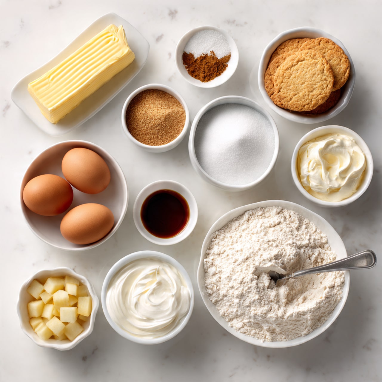A flat lay of baking ingredients is arranged on a white marbled surface. There is a stick of yellow butter on the top left, a small white bowl with light brown spices below it, and a small brown bowl with white powder above. To the right of the spice bowl is a medium white bowl filled with white sugar, and below it, a small white bowl with two light golden biscuits. Next to that, a medium white bowl holds white sour cream. Toward the bottom left, there is a white bowl with two brown eggs. In the center bottom, a small white bowl has dark brown vanilla extract. The middle shows a medium white bowl with pale yellow diced apples. On the bottom right, a large white bowl contains white flour with a spoon in it. All bowls and items are neatly spaced. photo taken with an iphone --ar 4:5 --v 7