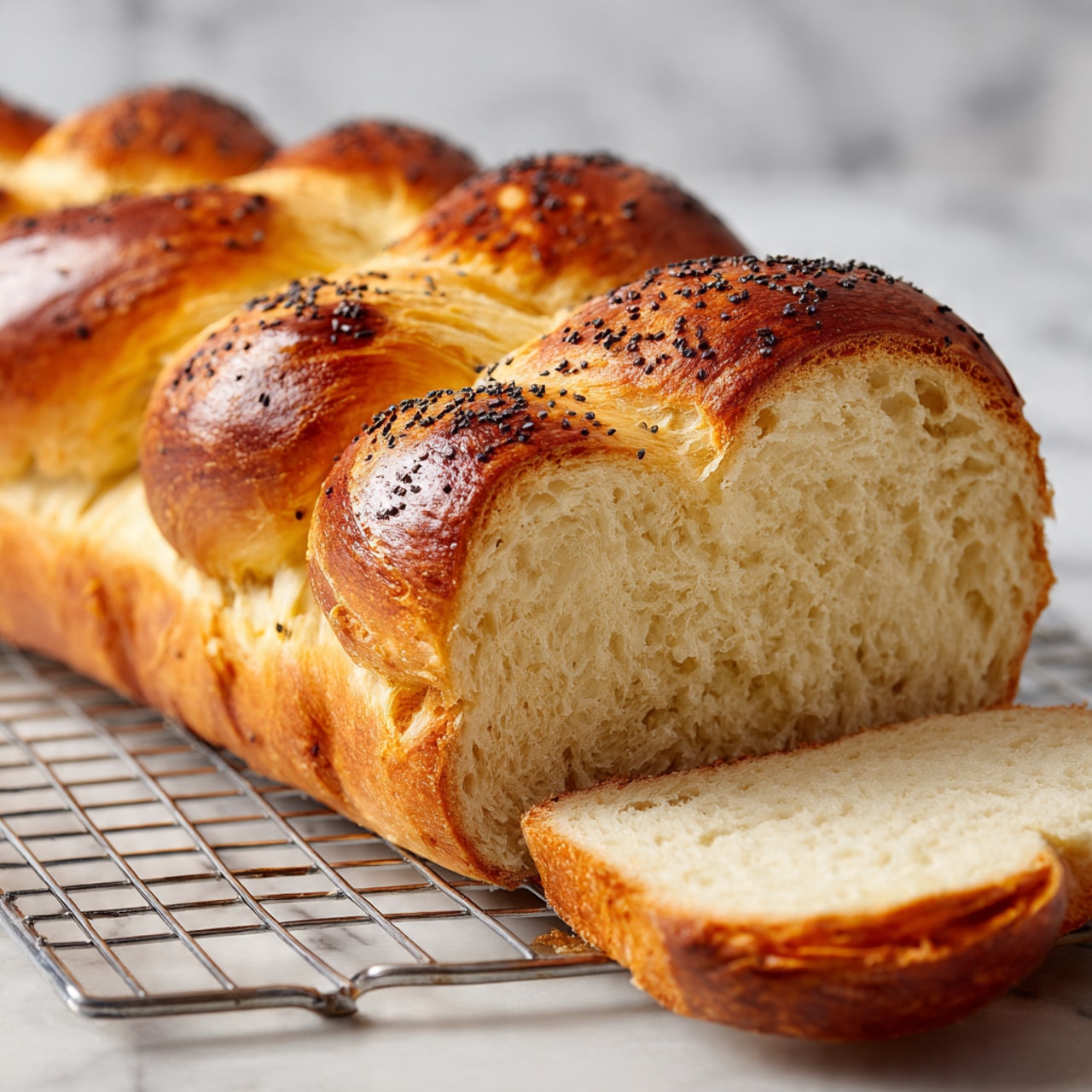 The image shows a braided bread loaf sitting on a cooling rack over a white marbled surface. The bread has a shiny golden-brown crust with small black poppy seeds sprinkled on top, arranged in three thick braided strands. The front section is sliced open, revealing a soft, light beige, fluffy inside texture with fine air pockets. Next to the loaf is one slice of the bread, showing the same soft interior and golden crust edges. The photo taken with an iphone --ar 4:5 --v 7