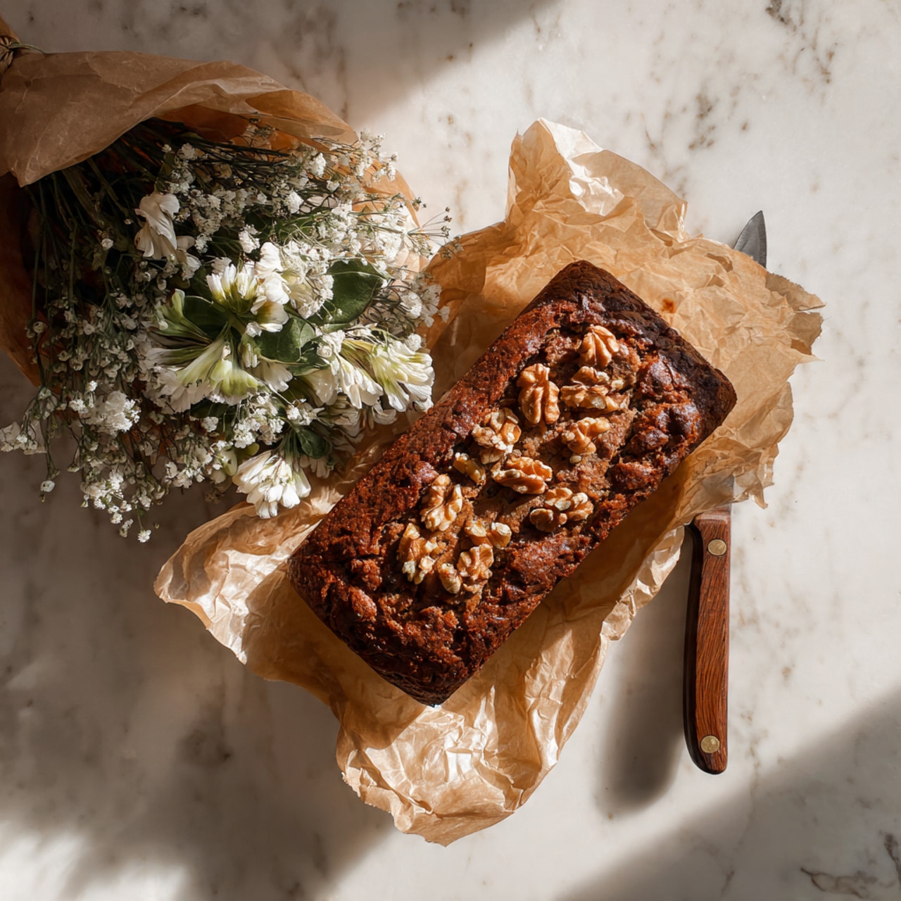 A rectangular loaf with a dark brown, crispy, and nutty top layer sits on crinkled parchment paper. The top is uneven, showing a rough texture with chunks of walnuts scattered across, giving a crunchy look. Next to the loaf is a wooden handle of a knife partially visible under dried white and green flowers wrapped in brown paper. The whole scene rests on a white marbled surface with natural sunlight casting soft shadows, creating a warm, rustic feel photo taken with an iphone --ar 4:5 --v 7