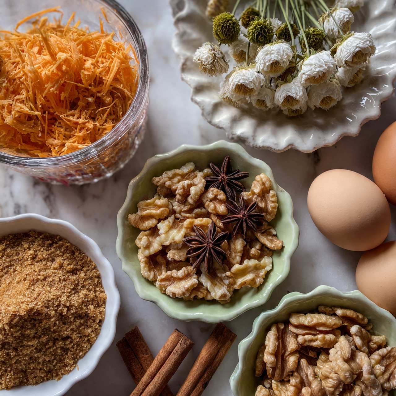 The image shows a close-up view of various small white bowls filled with ingredients on a white marbled surface. In the front left, there is a white bowl filled with brown sugar that looks grainy and moist. To the right, a greenish-white bowl holds chopped walnuts with a rough texture. Next to it, another greenish-white bowl contains a mix of light brown sugar and spices, decorated with whole star anise and two cinnamon sticks standing upright, adding texture and a dark brown contrast. In the background, a clear glass measuring cup is filled with shredded orange carrots, showing thin and fine strips. Behind all these, a white scalloped plate holds some dried white and green flowers, and a greenish-white bowl contains two whole brown eggs. The scene is warm and rustic, highlighting the natural colors and textures of each ingredient photo taken with an iphone --ar 4:5 --v 7