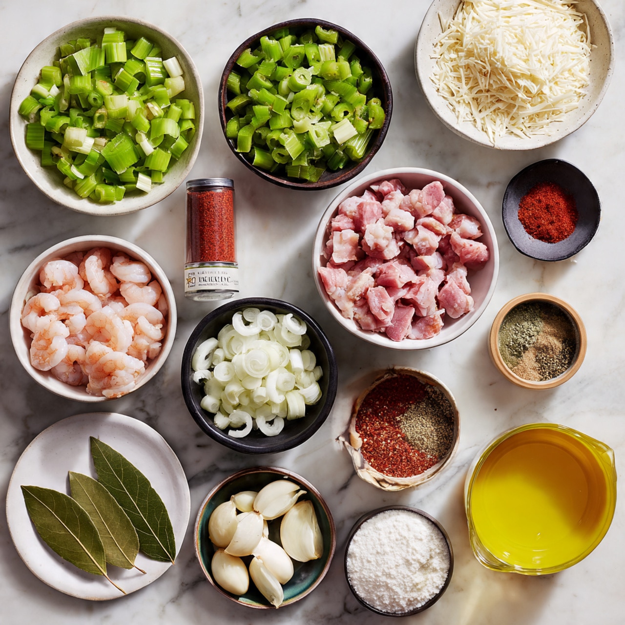 The image shows several white bowls, cups, and a plate arranged neatly on a white marbled surface, each filled with different ingredients: chopped green celery pieces, diced green bell peppers, sliced okra, chopped white onions, and sliced reddish sausage; a bowl with raw pink chicken pieces, a bowl with raw shrimp, a small bowl with peeled garlic cloves, a small black bowl with white flour, a cup filled with shredded white cheese, and a measuring cup with yellow cooking oil. There is also a white plate holding three green bay leaves and different powdered spices, along with a red spice container beside the chicken and a carton of chicken broth on the left side. The ingredients are arranged in a flat lay style, showing a colorful and fresh mix of vegetables, meats, spices, and liquids ready for cooking. Photo taken with an iphone --ar 4:5 --v 7