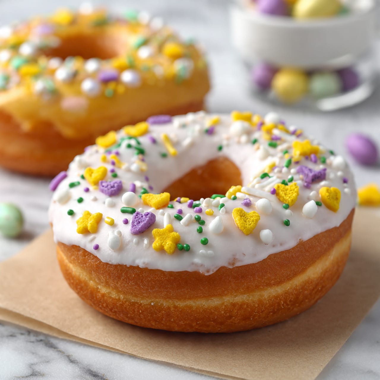 The image shows a close-up of two donuts on a light brown paper over a white marbled texture. The main donut in the center has a golden brown base with a thick white icing layer on top. It is decorated with small colorful sprinkles, including yellow and purple heart shapes, white round balls, and small white rods spread evenly. The donut below it has a similar golden brown base and a white icing layer, but the sprinkles are different, featuring yellow flowers, green rod-shaped sprinkles, and white round balls. The scene is bright and clear, highlighting the texture and colors of the donuts and sprinkles. photo taken with an iphone --ar 4:5 --v 7