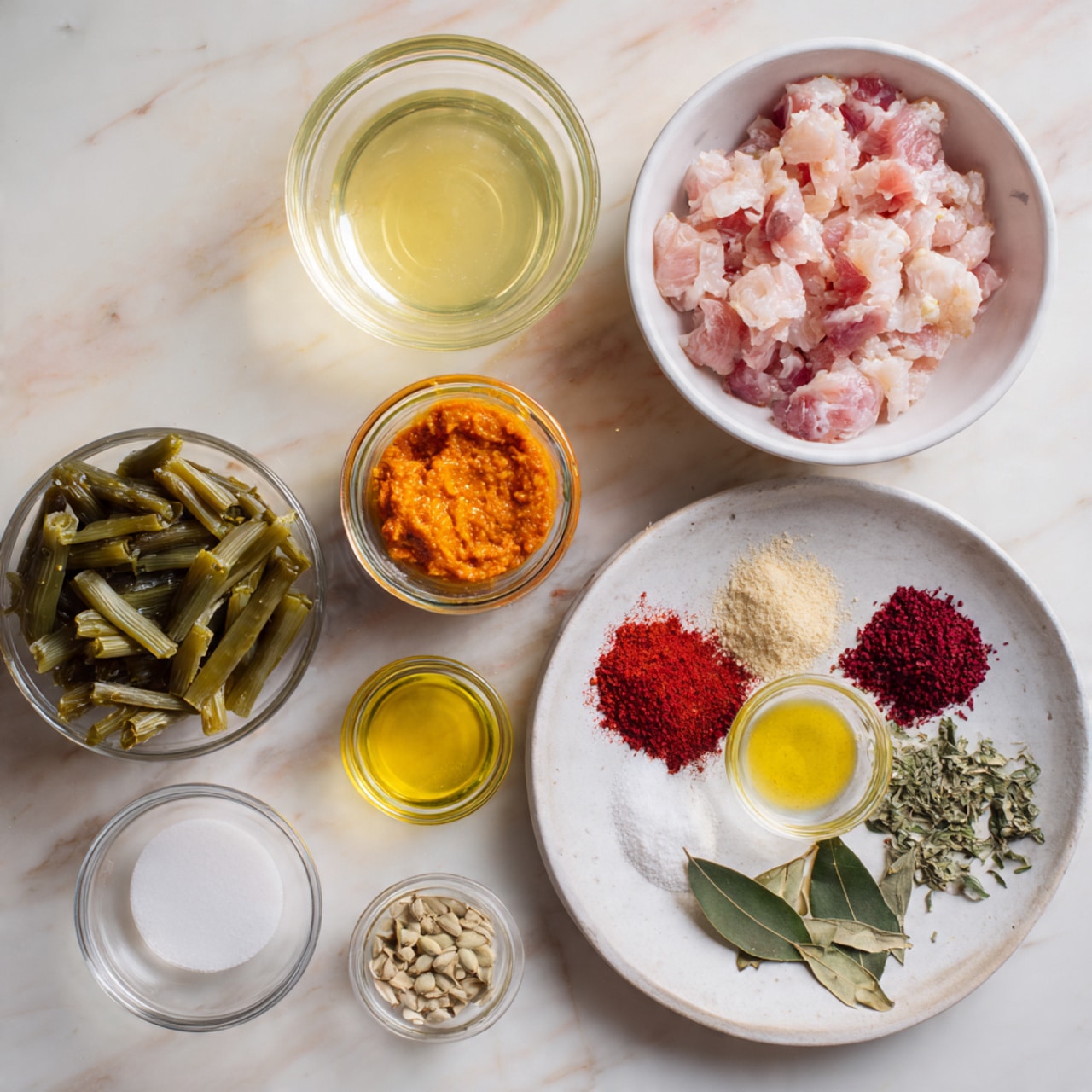 The image shows a white wooden surface with several bowls and a round white plate holding various cooking ingredients. At the top left, there is a clear glass bowl filled with light yellow liquid. To the right of it, a white bowl holds chopped raw pink meat pieces. Below the glass bowl, a small glass jar contains a bright orange paste. A separate small glass bowl near the bottom left contains white liquid. The round white plate on the right side displays a small glass bowl with yellow oil, surrounded by piles of red powder, white salt, green leaves, and some pale green seeds or spices. To the left of the plate, a bowl is filled with cut green vegetables or beans. The setting rests on a white marbled surface. photo taken with an iphone --ar 4:5 --v 7