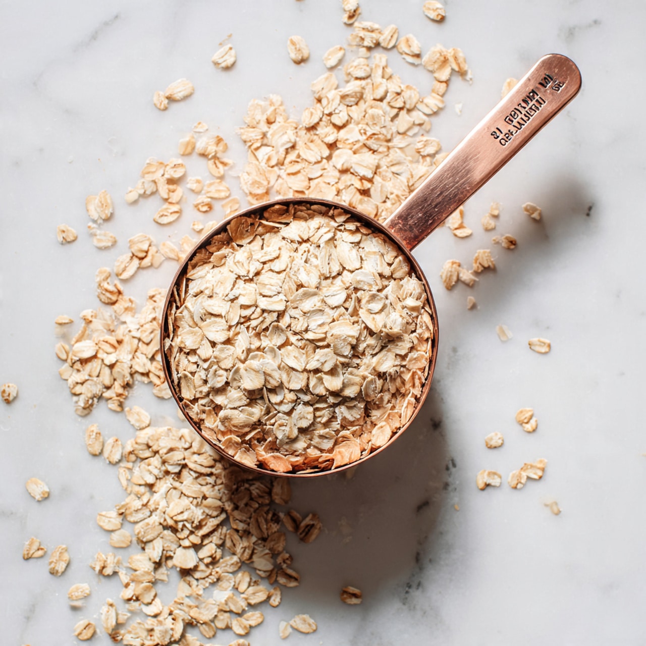 A copper measuring cup filled to the top with light beige rolled oats, some oats spilling gently over the edges and scattered around the cup on a white marbled surface. The oats have a rough, flat texture with slightly curved shapes, and the copper handle is seen extending upward from the cup, marked with measurement details. photo taken with an iphone --ar 4:5 --v 7