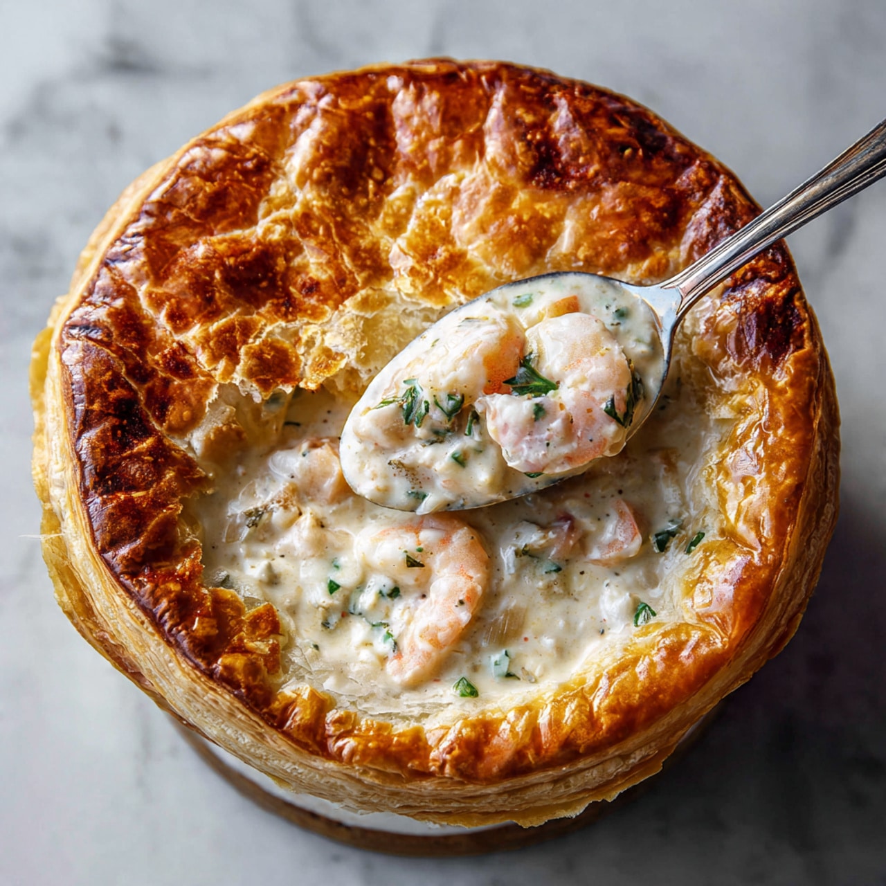 A close-up view of a round golden-brown puff pastry with a shiny, crisp top layer cracked open to show a creamy filling inside. The filling is white and smooth with small pieces of light pink shrimp and some green herbs mixed in. A silver spoon is scooping out some of the filling from the center. The dish is resting on a white marbled surface. photo taken with an iphone --ar 4:5 --v 7