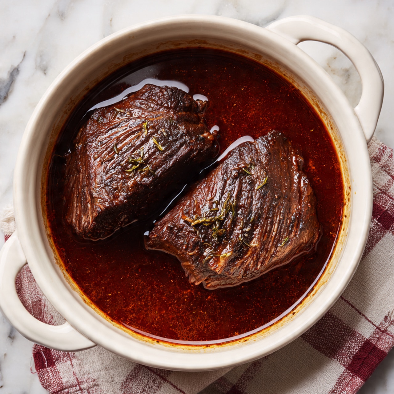 The image shows a white bowl filled with three dark brown, cooked duck legs simmering in a deep reddish-brown sauce. The duck legs have a crispy, textured skin covered with visible spices and seasoning. The sauce is thick and glossy, with small bits of herbs and spices floating in it. The bowl is set on a white marbled surface with a checked cloth partly visible near the bowl. Photo taken with an iphone --ar 4:5 --v 7