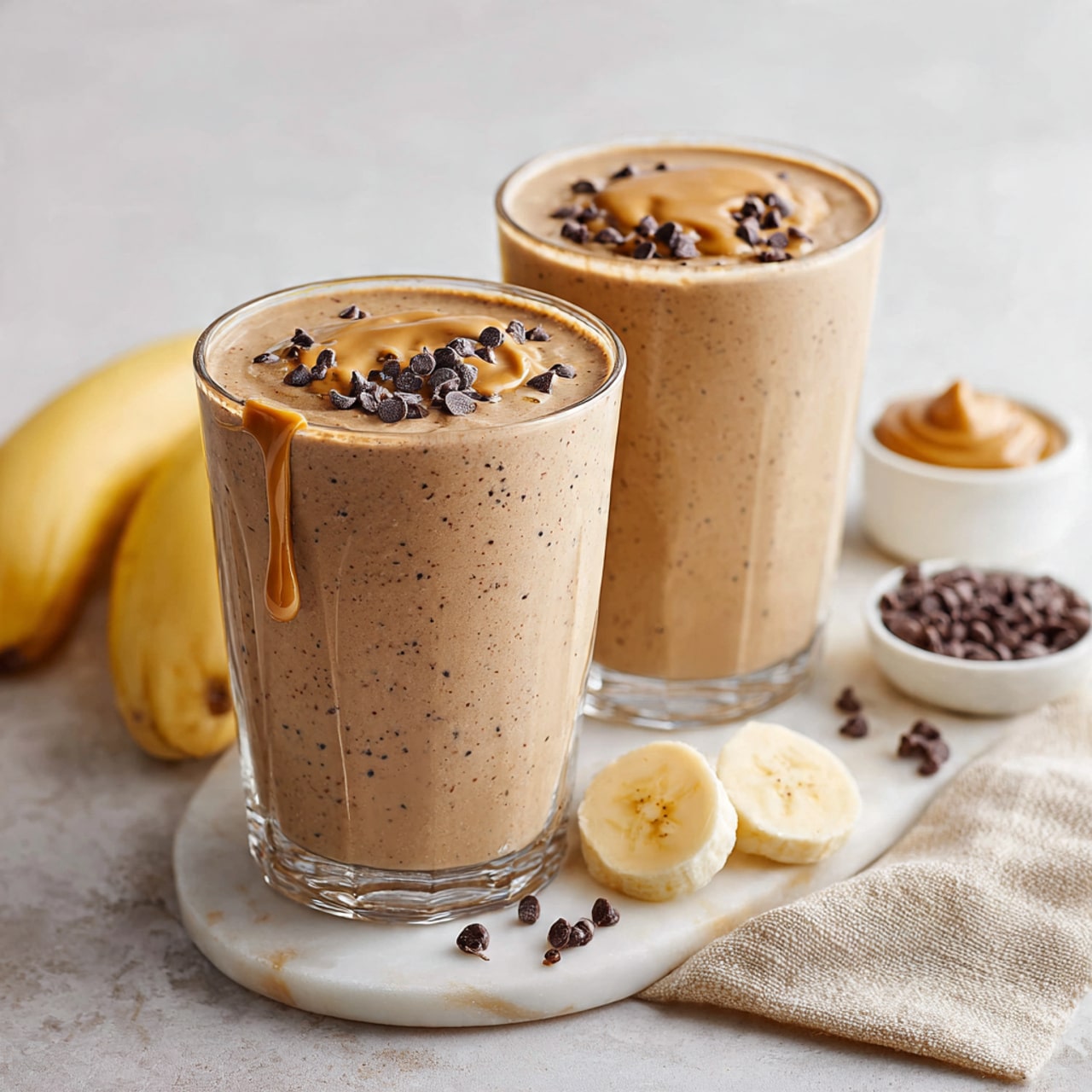There are two clear glasses filled with a thick, light brown smoothie with small dark specks inside. Each glass is topped with small dark chocolate chips and a few banana slices. One glass shows a drip of thick peanut butter flowing down its side. Around the glasses on a white marbled surface, there are scattered small chocolate chips, two banana slices lying flat, a small white bowl with chocolate chips inside, a small white cup with peanut butter, and a beige cloth holding more banana slices. The background is plain and light-colored. photo taken with an iphone --ar 4:5 --v 7